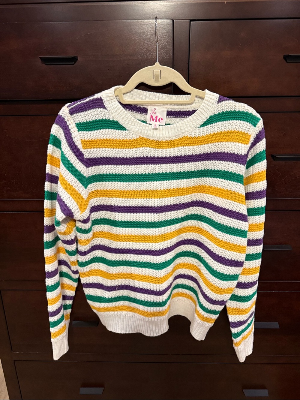 ME Makeover Essentials White Crewneck Sweater with Green, Purple & Gold Stripes